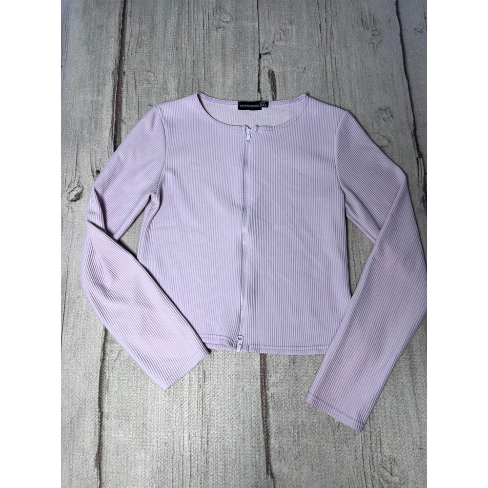 PrettyLittleThing Lilac Ribbed Zip Front Cropped Long Sleeve Top Size US 4